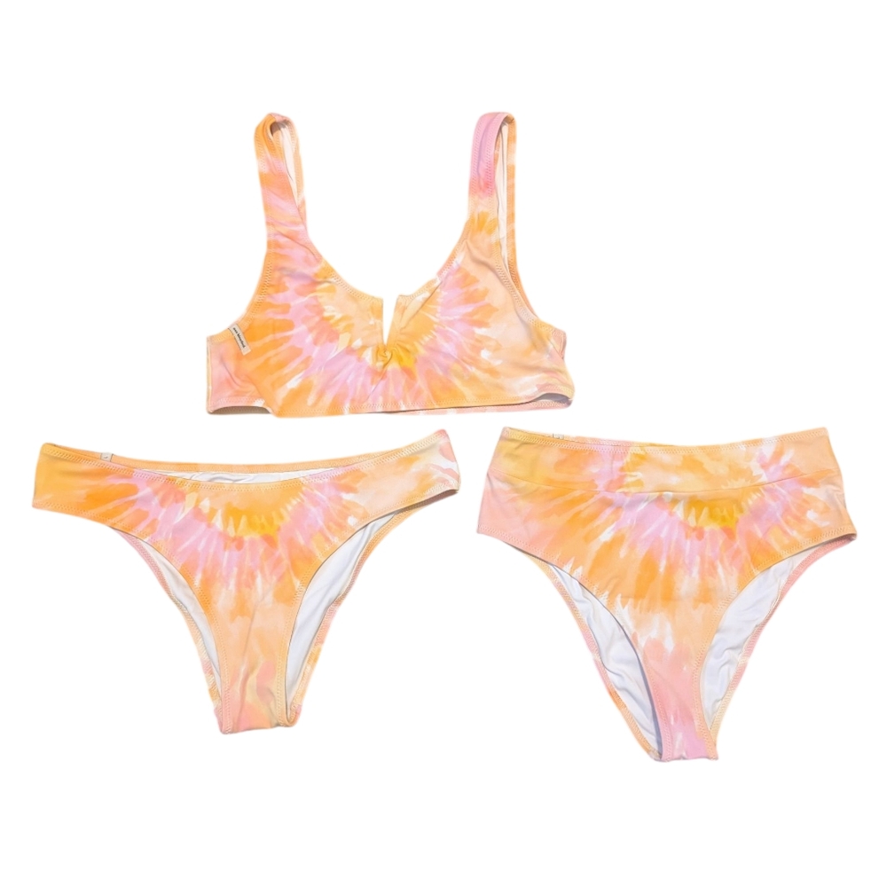 Sun Bleached Swim Laguna 3 Piece Bikini Set Tie Dye Pink Orange Size Large NWOT